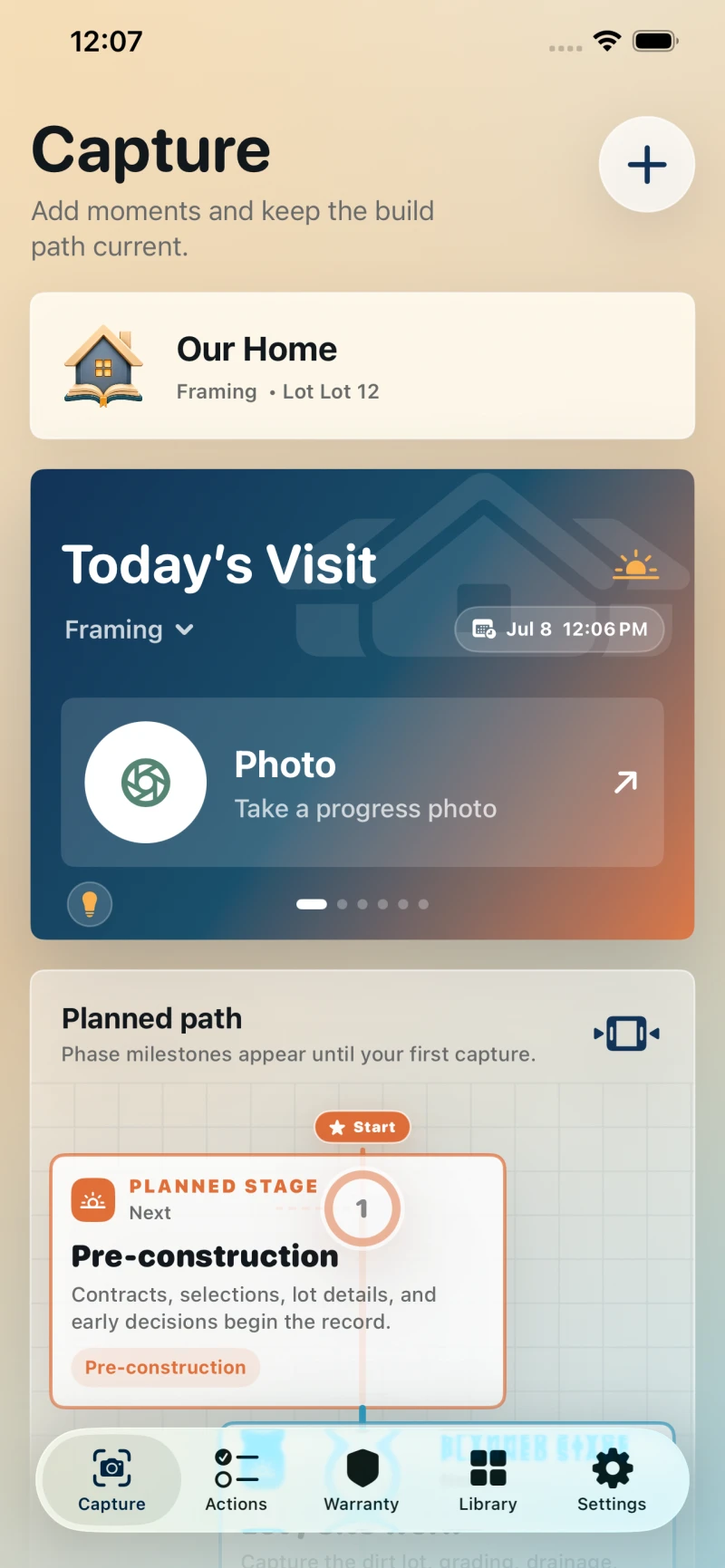 Home Storia Capture screen showing a home project and its planned construction path